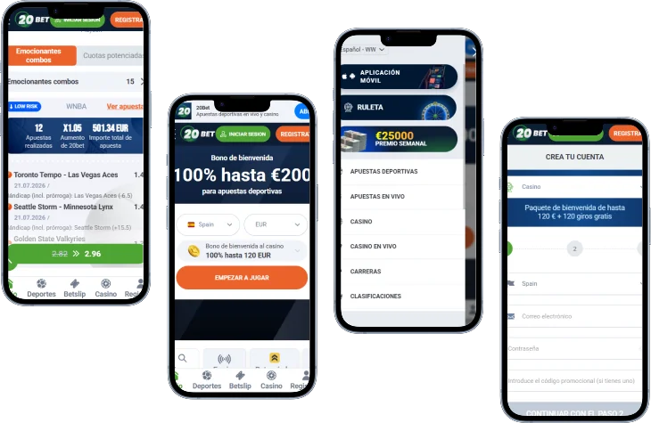 20Bet Casino aplicación móvil con apuestas deportivas, casino y registro en diferentes pantallas