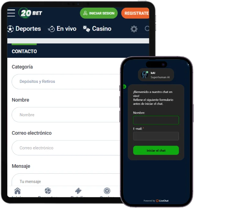 20Bet Casino soporte al cliente con formulario de contacto y chat en vivo en la app móvil